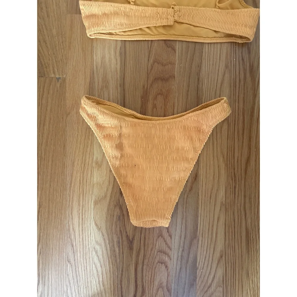 PacSun Swim‎ Eco Mustard Yellow Crinkle Smocked Bikini Set Small Scoop High Cut